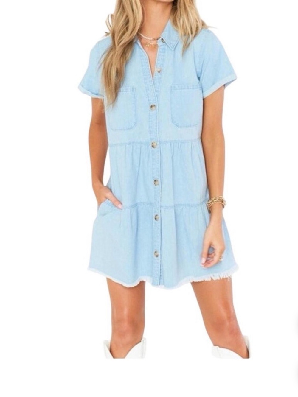 Show Me Your MuMu Light Blue Denim Button-Tier Dress